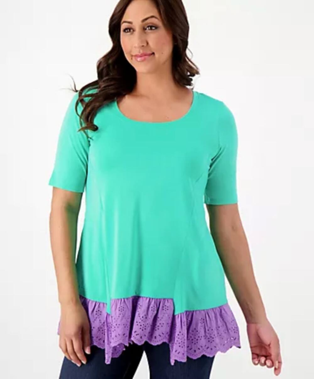 LOGO Lori Goldstein Cotton Modal Eyelet Hem Top Womens Small New Green Purple